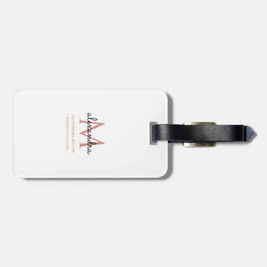 Étiquette À Bagage Monogramme moderne Nom Blanc Blush Rose Noir Simpl (Dos horizontal)