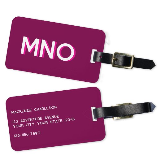 Étiquette À Bagage Monogramme moderne Premier rose foncé Bourgogne