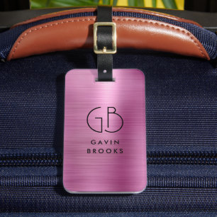 Étiquette À Bagage Monogramme moderne rose pâle brossé Fille métal