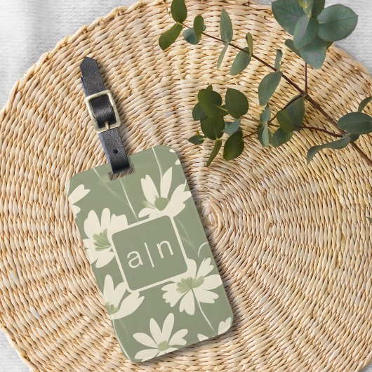 Étiquette À Bagage Monogramme Moderne Vert Floral