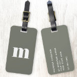 Étiquette À Bagage Monogramme moderne - Vert initial<br><div class="desc">La typographie coque moderne minimaliste monogramme design initial qui peut être modifié pour personnaliser,  ainsi que les détails sur l'inverse. Blanc sur un arrière - plan vert sage.</div>