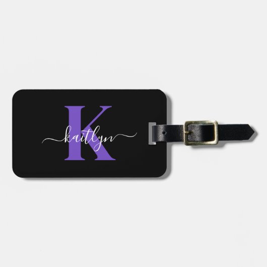 Étiquette À Bagage Monogramme Moderne Violet Noir Script (Devant horizontal)