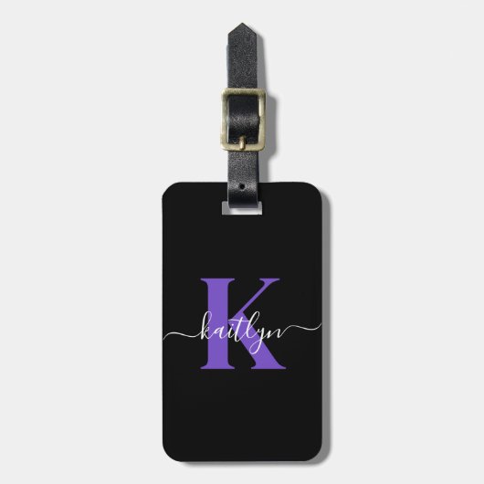 Étiquette À Bagage Monogramme Moderne Violet Noir Script (Devant Vertical)