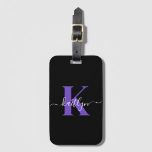 Étiquette À Bagage Monogramme Moderne Violet Noir Script