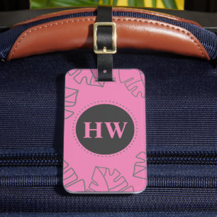 Étiquette À Bagage Monogramme Motif Feuille tropical rose et gris