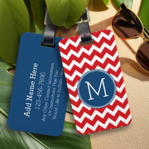 Étiquette À Bagage Monogramme Motif personnalisé rouge et bleu marine