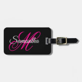 Étiquette À Bagage Monogramme noir blanc et rose chaud (Devant horizontal)