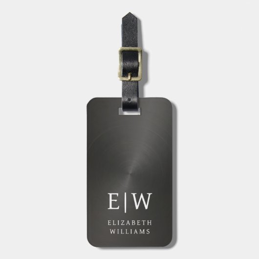 Étiquette À Bagage Monogramme Noir brossé métal élégant (Devant Vertical)
