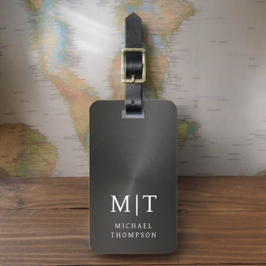Étiquette À Bagage Monogramme Noir brossé métal élégant