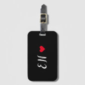 Étiquette À Bagage Monogramme Noir Coeur Rouge Script manuscrit (Devant Vertical)