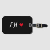 Étiquette À Bagage Monogramme Noir Coeur Rouge Script manuscrit (Devant Horizontal)