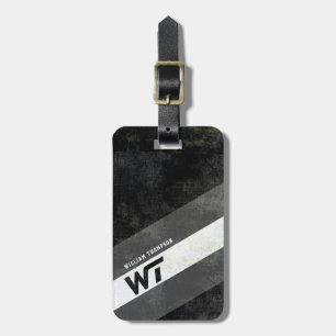 Étiquette À Bagage monogramme noir et blanc avec rayures modernes