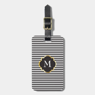 Étiquette À Bagage Monogramme noir et blanc chic d'or de rayure