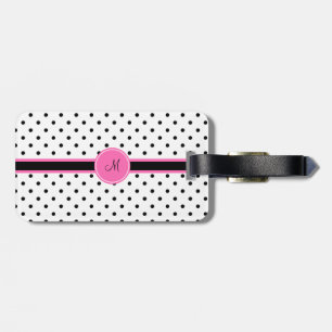 Étiquette À Bagage Monogramme noir et blanc Polka point avec rose cha