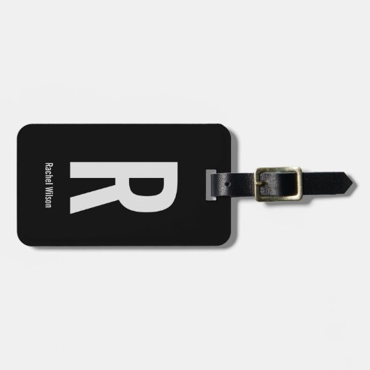 Étiquette À Bagage Monogramme noir et gris simple Initiale et nom (Devant horizontal)