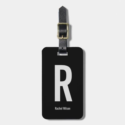 Étiquette À Bagage Monogramme noir et gris simple Initiale et nom (Devant Vertical)