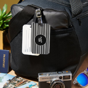 Étiquette À Bagage Monogramme noir, gris et blanc rayé