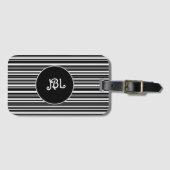 Étiquette À Bagage Monogramme noir, gris et blanc rayé (Devant Horizontal)