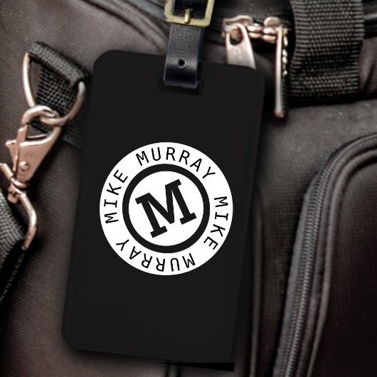 Étiquette À Bagage monogramme noir / nom rond & lettre M initiale