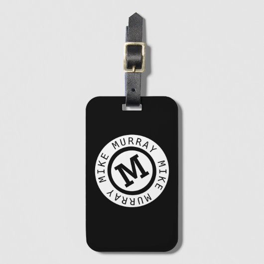 Étiquette À Bagage monogramme noir / nom rond & lettre M initiale (Devant Vertical)
