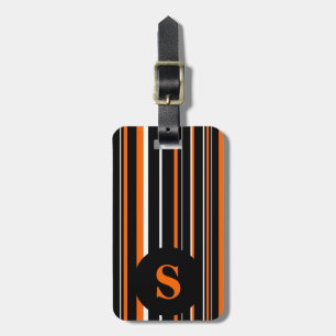Étiquette À Bagage Monogramme noir, orange, cercle rayé code-barres