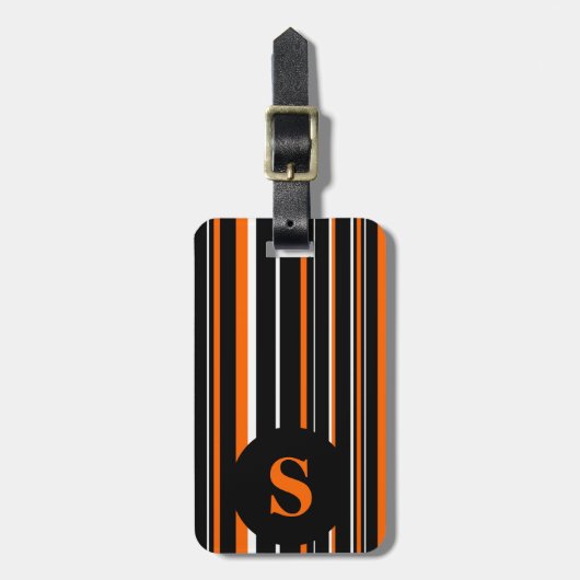 Étiquette À Bagage Monogramme noir, orange, cercle rayé code-barres (Devant Vertical)