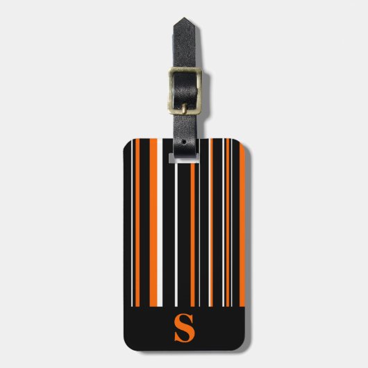 Étiquette À Bagage Monogramme noir orange rayure code-barres (Devant Vertical)