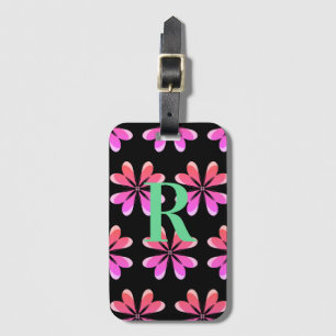 Étiquette À Bagage Monogramme noir rose rétro floral