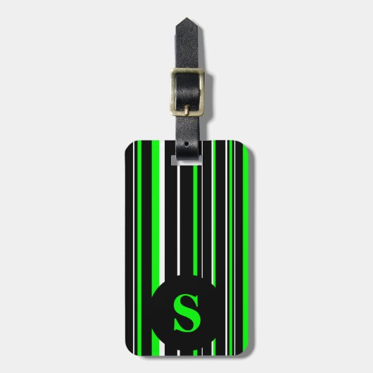 Étiquette À Bagage Monogramme noir, vert citron, rayure de cercle de (Devant Vertical)