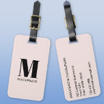 Étiquette À Bagage Monogramme Nom initial Simple Blush Pink<br><div class="desc">La typographie moderne minimaliste monogramme design de nom initial en noir sur rose pâle qui peut être changé pour personnaliser.</div>