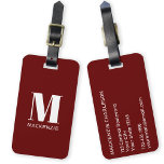 Étiquette À Bagage Monogramme Nom initial Simple Bourgogne<br><div class="desc">La typographie moderne minimaliste monogramme design de nom initial en blanc sur bordeaux qui peut être changé pour personnaliser.</div>