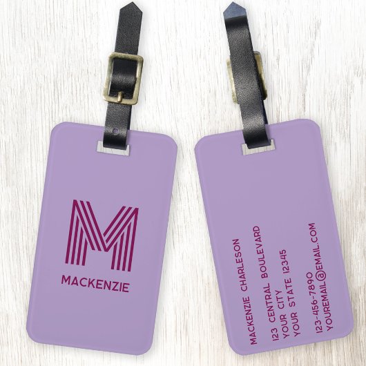 Étiquette À Bagage Monogramme Nom initial Simple Lilac Cherry rose