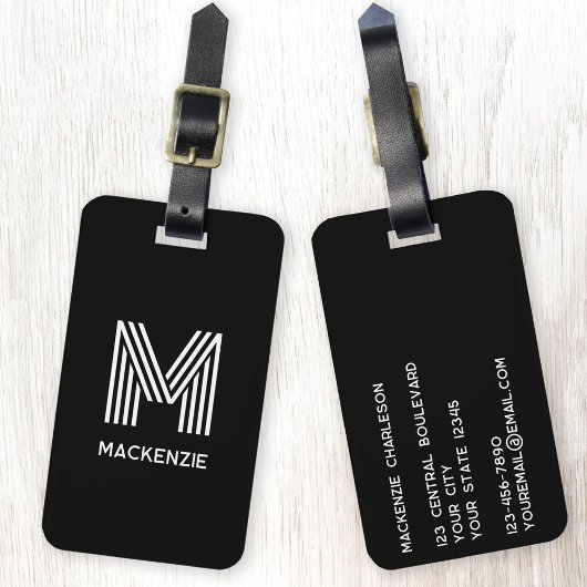 Étiquette À Bagage Monogramme Nom initial Simple Noir et Blanc