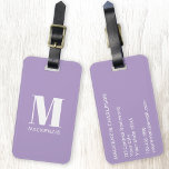 Étiquette À Bagage Monogramme Nom initial Simple Pastel Lilac<br><div class="desc">Typographie moderne monogramme minimaliste design de nom initial en blanc sur violet lilas pastel qui peut être changé pour personnaliser.</div>