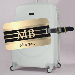 Étiquette À Bagage Monogramme/Nom Or 3-D, Bandes Noires/Or, Or