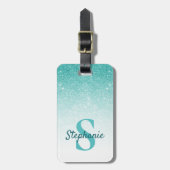 Étiquette À Bagage Monogramme Nom Parties scintillant Turquoise Étinc (Devant Vertical)