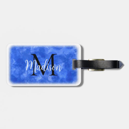Étiquette À Bagage Monogramme Nom personnalisé initial Aquarelle bleu (Dos horizontal)