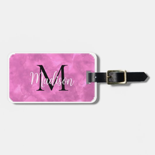 Étiquette À Bagage Monogramme Nom personnalisé initial Aquarelle rose (Devant horizontal)