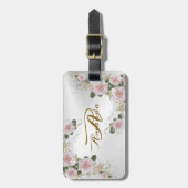 Étiquette À Bagage Monogramme Nom rose Floral Argent gris Voyage (Devant Vertical)