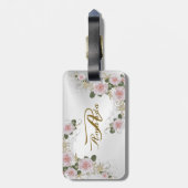 Étiquette À Bagage Monogramme Nom rose Floral Argent gris Voyage (Dos Vertical)