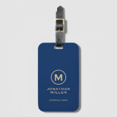 Étiquette À Bagage Monogramme or bleu simple (Devant Vertical)