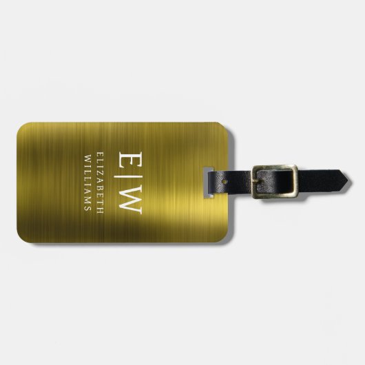 Étiquette À Bagage Monogramme Or brossé métal élégant (Devant horizontal)