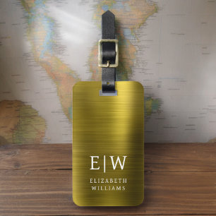 Étiquette À Bagage Monogramme Or brossé métal élégant