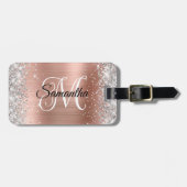 Étiquette À Bagage Monogramme or Curly Rose Parties scintillant argen (Devant horizontal)