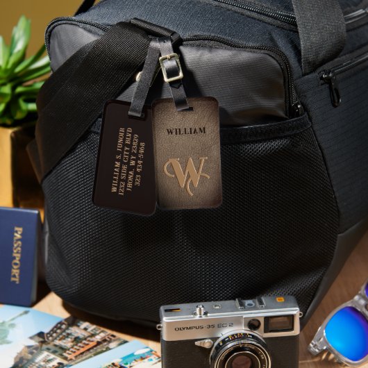 Étiquette À Bagage Monogramme or Faux cuir Brun foncé (Recto & Verso)