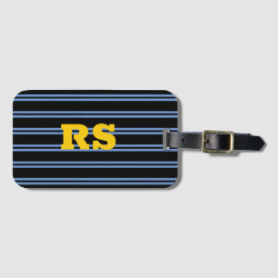 Étiquette À Bagage Monogramme Or Gras, Nom, Lignes Bleues sur Noir