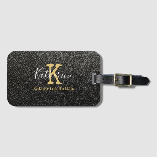 Étiquette À Bagage Monogramme or initial et nom sur noir (Devant Horizontal)