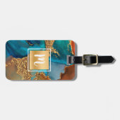 Étiquette À Bagage monogramme or turquoise marbre orange aquarelle (Devant horizontal)