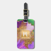 Étiquette À Bagage Monogramme or violet vert aqua agate abstrait (Devant Vertical)