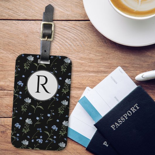 Étiquette À Bagage Monogramme Oubliez-Moi Pas Aquarelle Florale Bleue